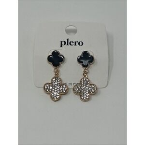 NWT Plero Black & Clear Rhinestone Drop Four Clover Earrings Gold Tone